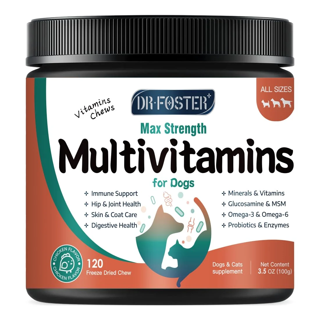 Sustainable DRFOSTER Dog Multivitamin with Glucosamine Omega 3 Probiotics — 120 Chicken-Flavored Chews Convenient