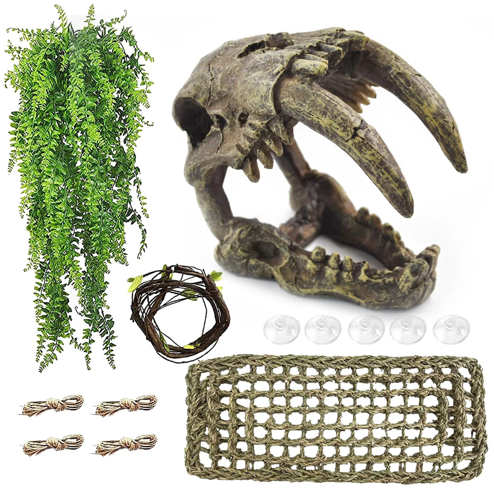 Artisan MUYG Resin Skull Habitat Hideout – 4PCS Reptile Terrarium Decor Kit Hammock Vines Trusted