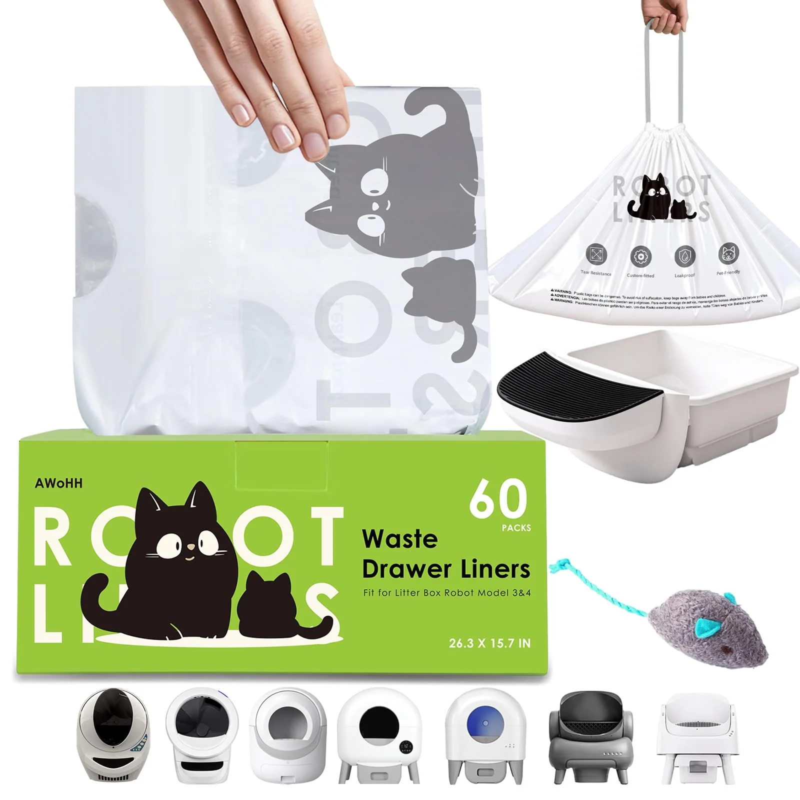 Premium Material AWoHH 60-Pack Draw-Pack Cat Litter Box Bags for Automatic Litter Boxes — 26.3 x 15.7 in Recyclable