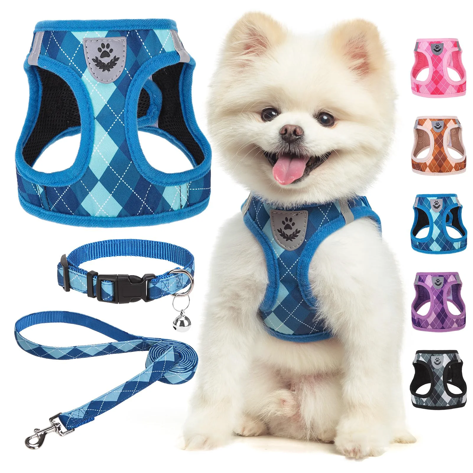 Durable SCENE Small Dog Harness Leash Set — No-Pull Step-In Mesh Harness Reflective Blue Plaid Reliable