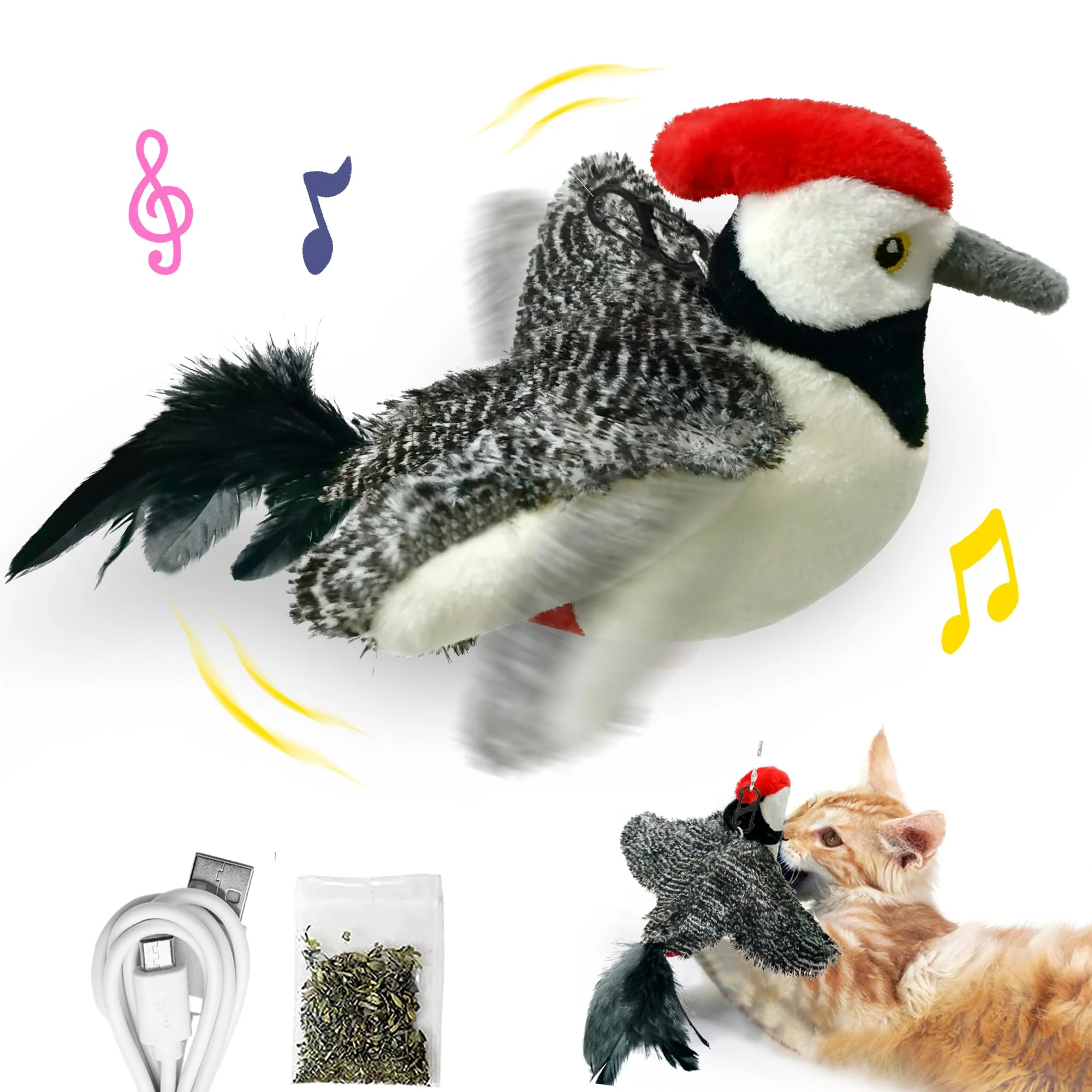 Crafted LEWISER Cat Toys Flapping Wings Woodpecker — USB Rechargeable Catnip Included High-Performance