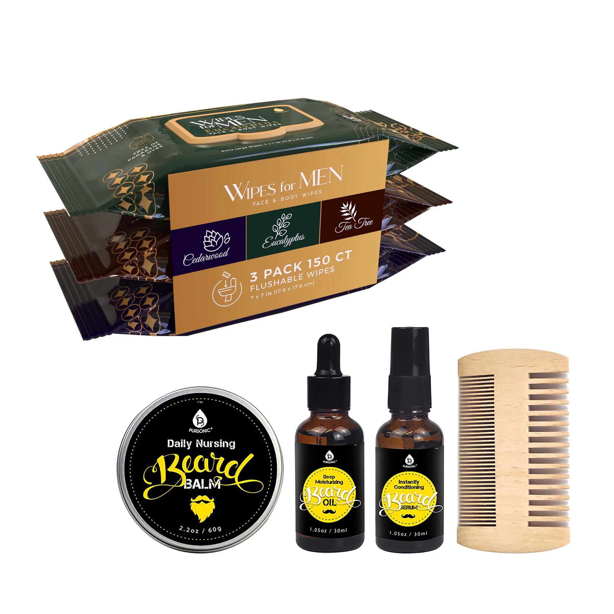 Modern Men s Grooming Essentials Bundle – Assorted Face Body Wipes 3-Pack Cedarwood Tea Tree Eucalyptus Pursonic Beard Care Grooming Kit Quality