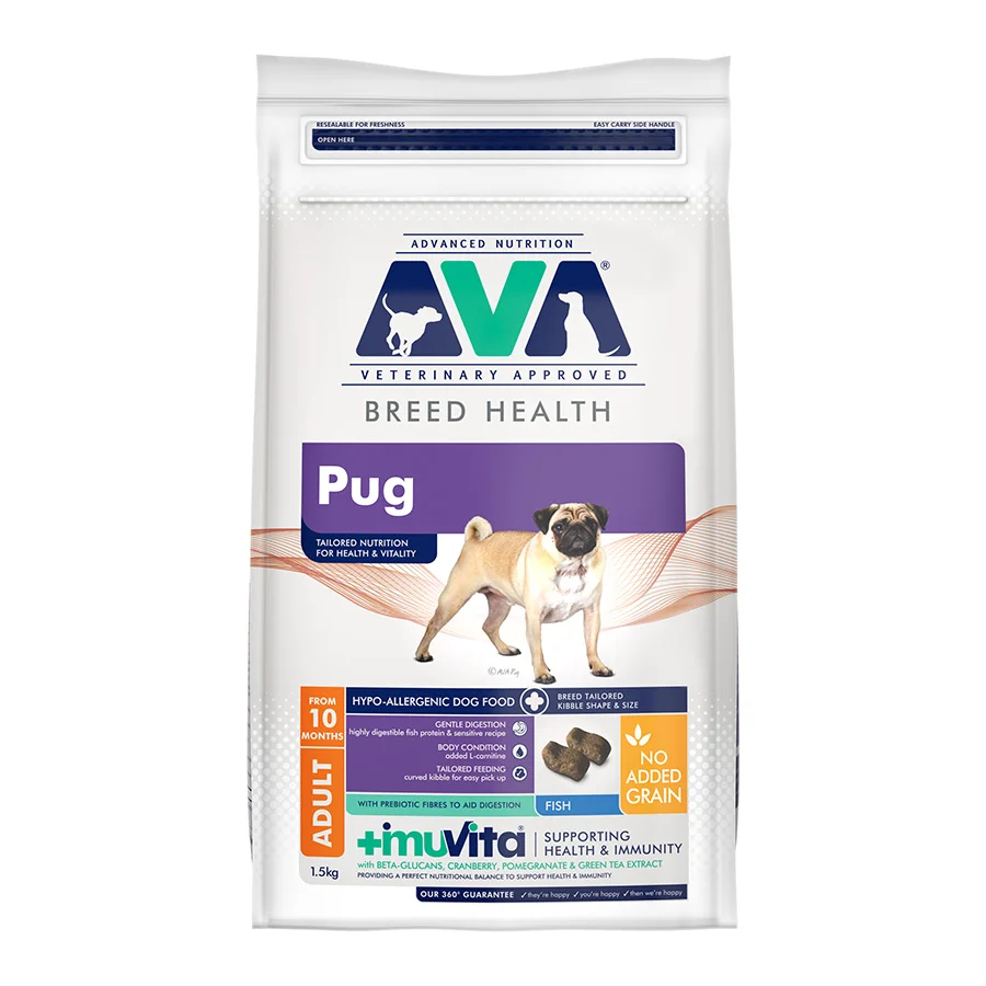 Official AVA Breed Health Pug Dry Dog Food Fish 1.5kg Smart