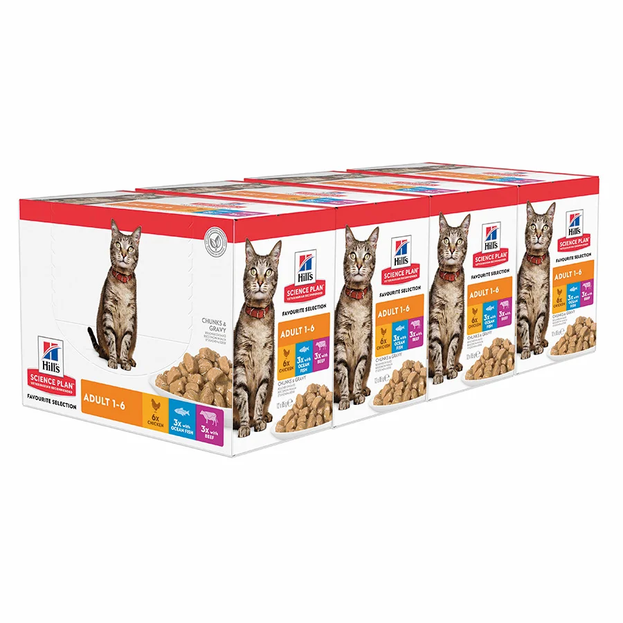 World-Class Hill x27 s Science Plan Adult Wet Cat Food Chicken， Beef Ocean Fish 48x85g Healthy